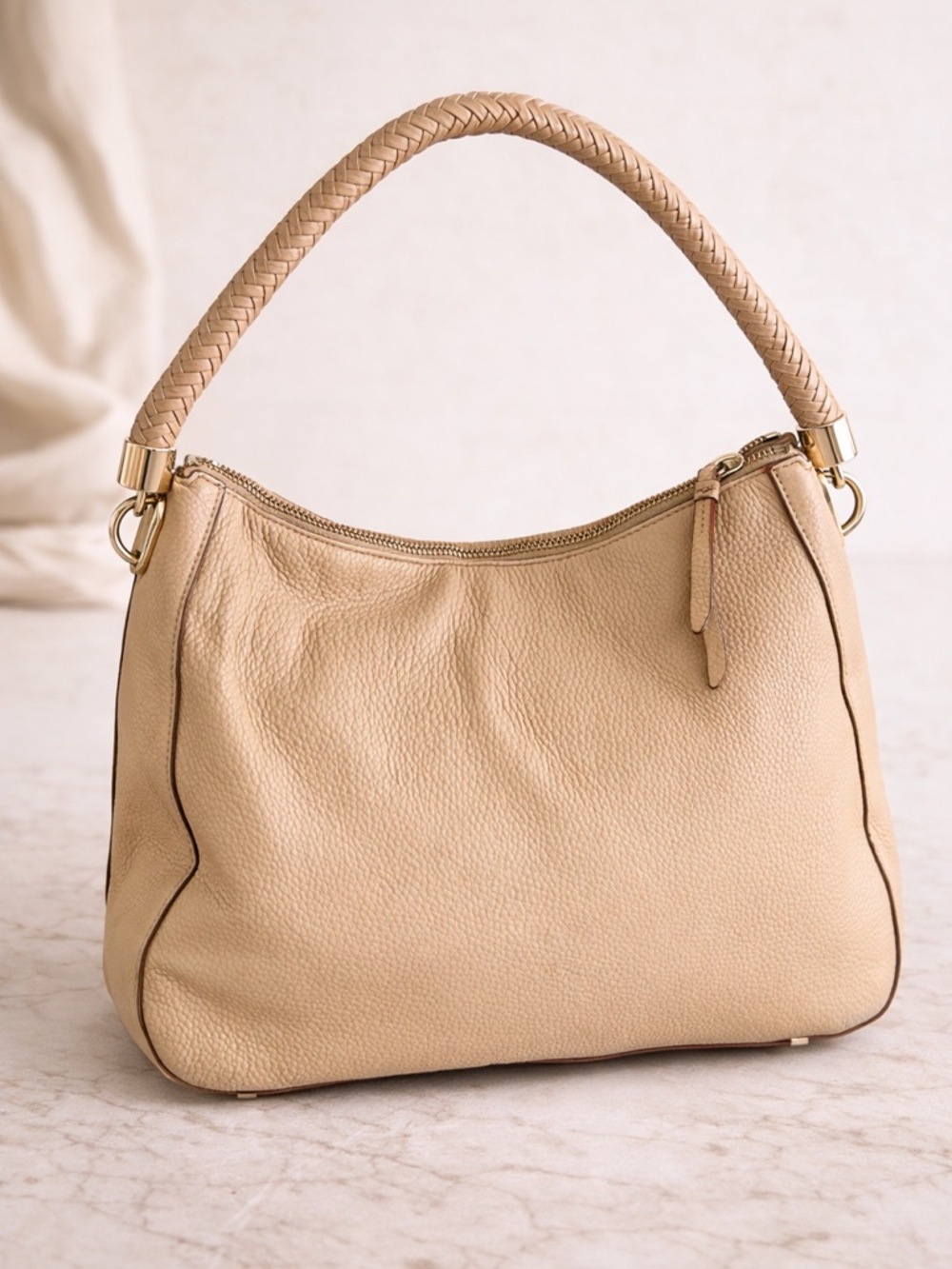 Cole Haan Beige Pebbled Leather Hobo Shoulder Bag Braided Handle Large